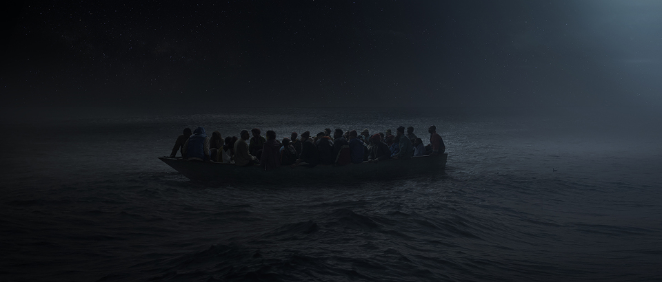 Concept art for the Netflix film His House, showing refugees on a boat crossing an ocean