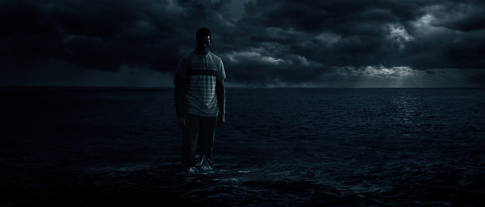Concept art for the Netflix film His House, showing a moody surreal scene of a man standing in a stormy ocean