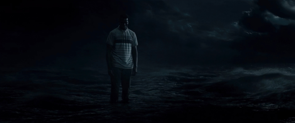 Digital Matte Painting for the film His House, showing a moody surreal scene of a man standing in a stormy ocean