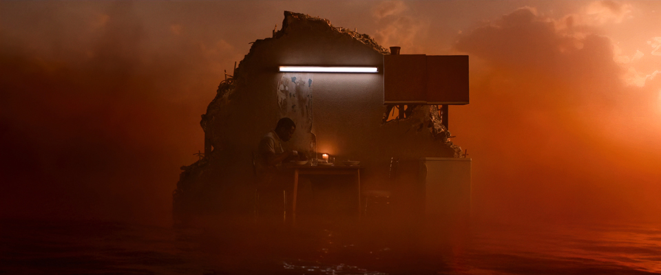 Digital Matte Painting for the film His House, showing a moody surreal scene of a man standing in a stormy ocean